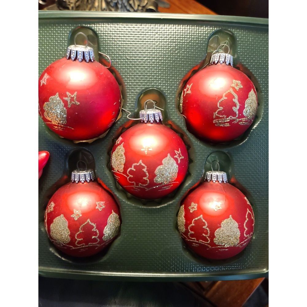 VTG RED GOLD GLITTERY Glass‎ Christmas Tree Ornaments CRISTAL W. Germany
